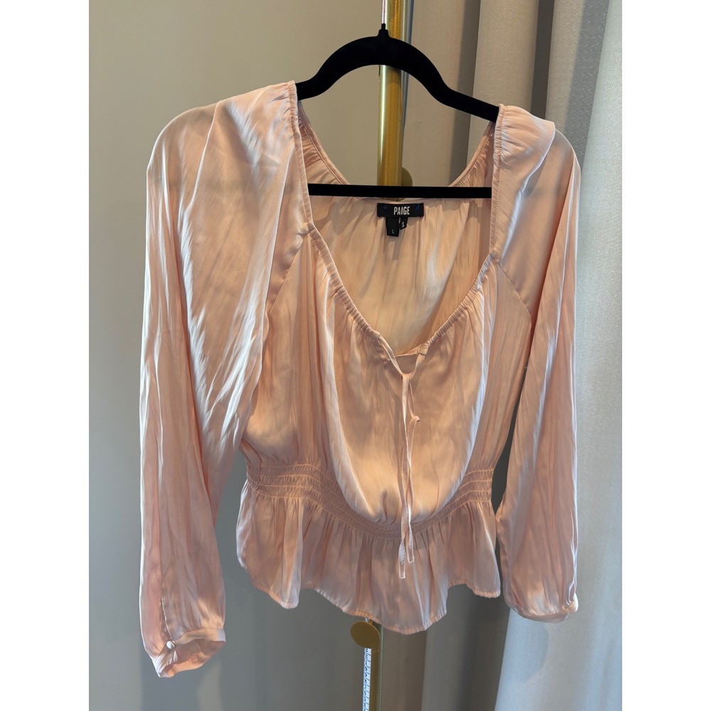 PAIGE Womens Blush Pink Satin Smocked Peplum Long Sleeve Tie Neck Blouse Size L - Picture 2 of 5